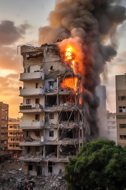 Costruzione bombardata distrutta con macerie nel conflitto a Gaza Palestina Israele o Russia Distruzione di guerra