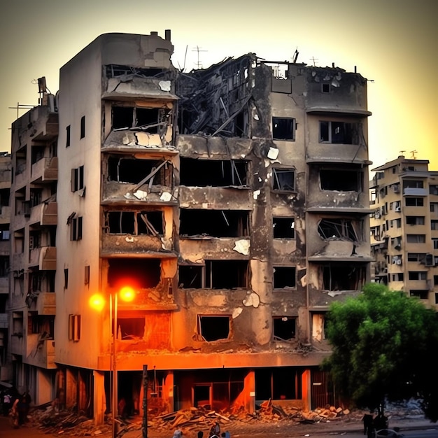Costruzione bombardata distrutta con macerie nel conflitto a Gaza Palestina Israele o Russia Distruzione di guerra