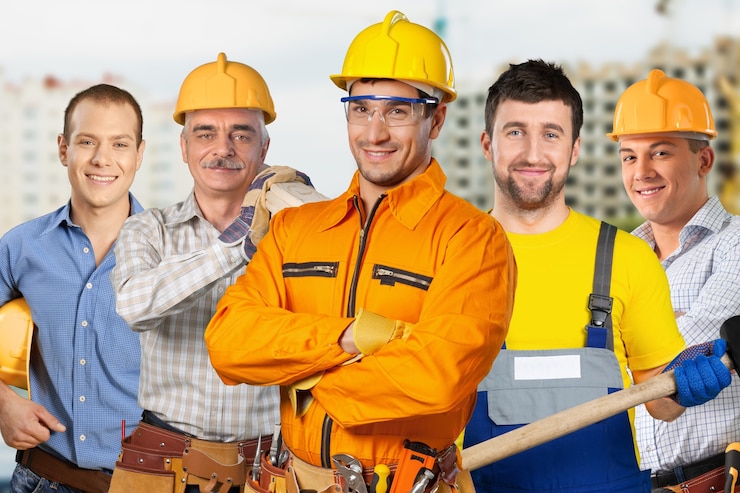 Foto costruzione, costruzione, sviluppo, lavoro di squadra e concetto di persone - gruppo di costruttori in elmetti protettivi