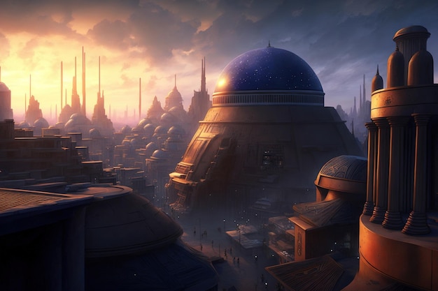 Costruzione di città fantasy di film di fantascienza con architettura a stella esterna dalla guerra spaziale
