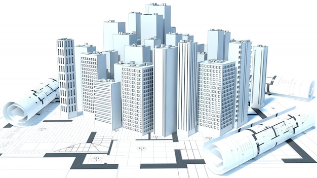 Costruzione di edifici su sfondo bianco