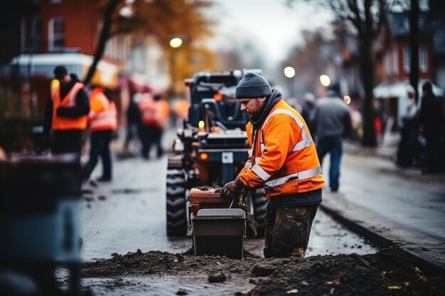 Costruzione di strade con vista di due lavoratori umani oltre le macchine stradali rivestite di asfalto