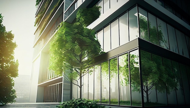 Costruzione ecologica in una metropoli contemporanea Un edificio in vetro sostenibile con albero verde