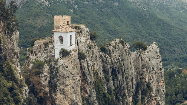 Costruzione religiosa situata su alte rocce in un luogo di montagna