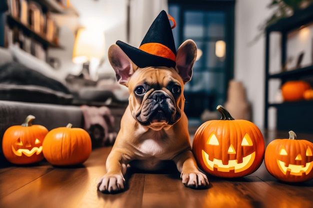 Costume da cane di Halloween, cappello da strega e lanterna di zucca. IA generativa