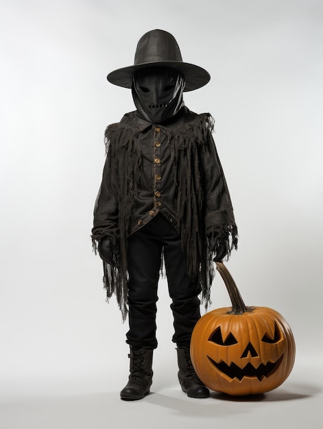 Costume di Halloween con cappello nero di zucca e maschera nera su sfondo grigio