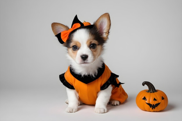 Costume di Halloween da cucciolo adorabile e pawsitivamente spettrale su uno sfondo bianco