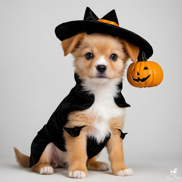 Costume di Halloween da cucciolo adorabile e pawsitivamente spettrale su uno sfondo bianco