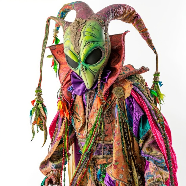 Costume extraterrestre tessuto e piuma insieme con testa aliena