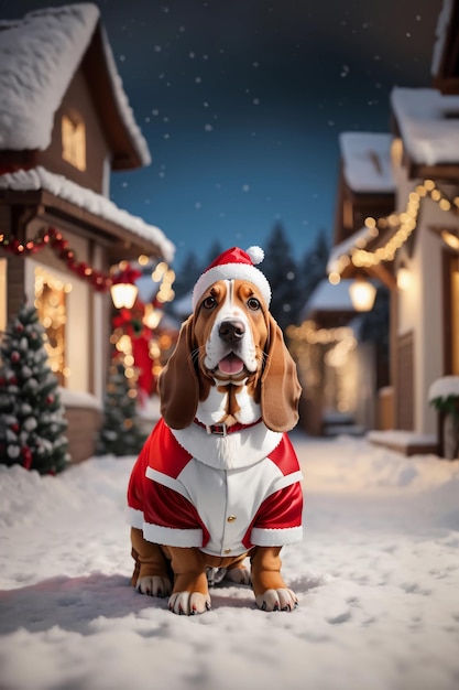 Costume natalizio festoso da Basset Hound nel paese delle meraviglie invernali