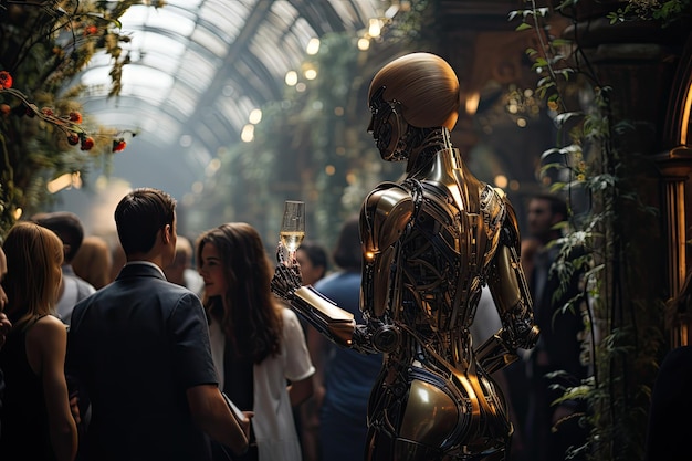 Costumi e musica futuristici con luci sferiche coinvolgono un'elegante folla generativa IA