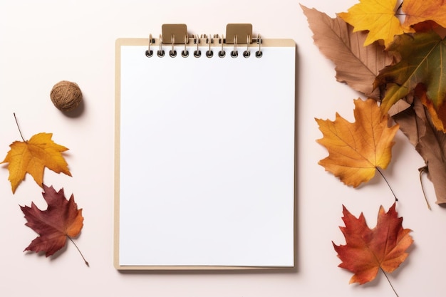 Cosy Autumn Vibes Desktop Mockup con foglie di tè e candela su sfondo beige chiaro