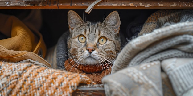 Cosy Tabby Cat nascosto in un guardaroba tra i maglioni
