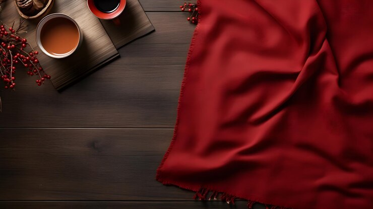 Cosy Winter Evening Flatlay Composition con Red Scarf Coppa di tè e legna da ardere