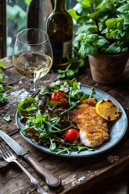 cotoletta di pesce su verdura e bicchiere di vino su sfondo di legno cibo delizioso