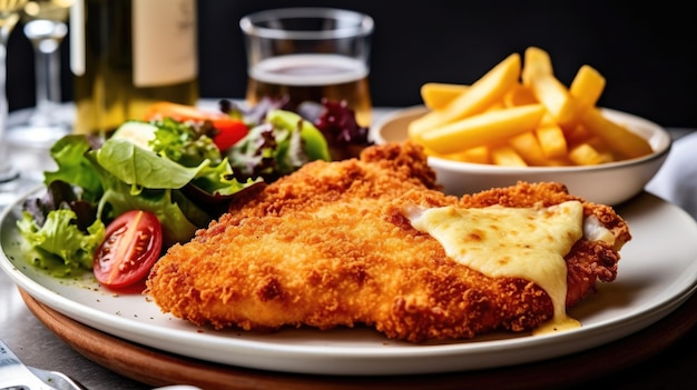 cotoletta di pollo alla parmigiana con formaggio fuso servito con patatine e insalata su un piatto bianco