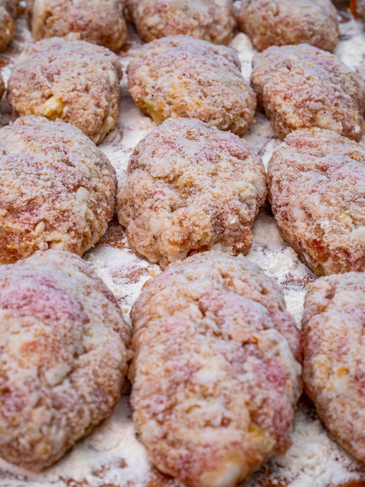 Cotolette di carne cosparse di farina bianca sul tavolo della cucina