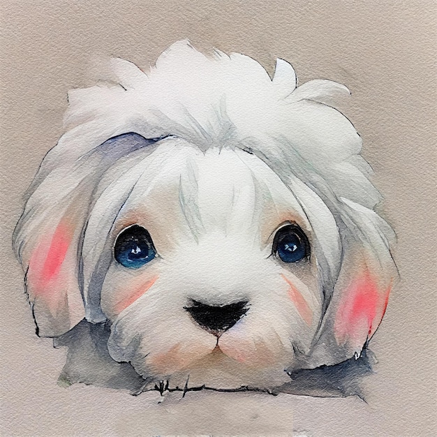 Coton de Tulear. Adorabile cagnolino. Illustrazione ad acquerello con macchie di colore. Tutte le razze canine