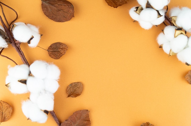 Cotone naturale sul tavolo con foglie. Sfondo per il tuo oggetto