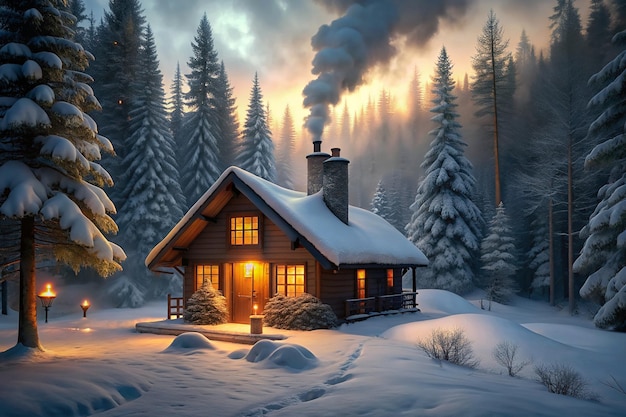 Cottage accogliente annidata in una foresta innevata con fumo che si alza dal camino e luci calde che brillano