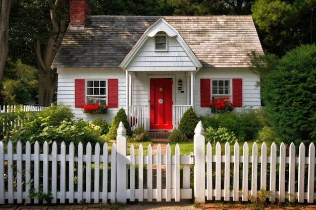 Cottage accogliente con porta rossa brillante e staccionata bianca