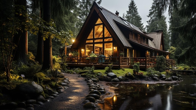 Cottage accogliente in legno nella natura della foresta