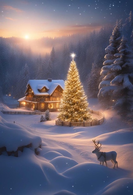 Cottage accogliente nella neve con un albero di Natale e una renna generata da Ai