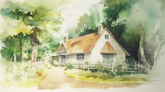 Cottage acquerello chiaro nei boschi