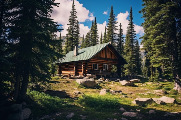 Cottage di legno rustico in una distante radura forestale