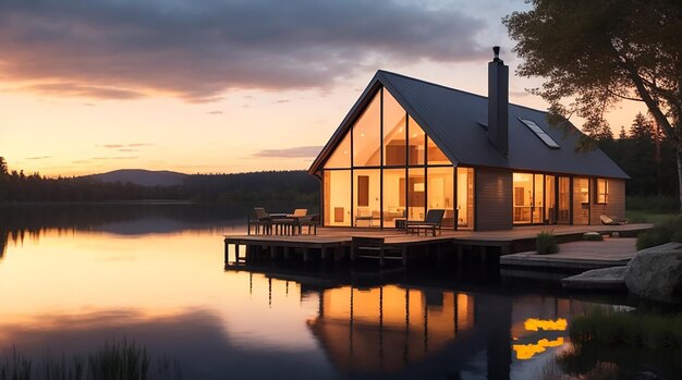 Cottage di lusso moderno vicino al lago al tramonto