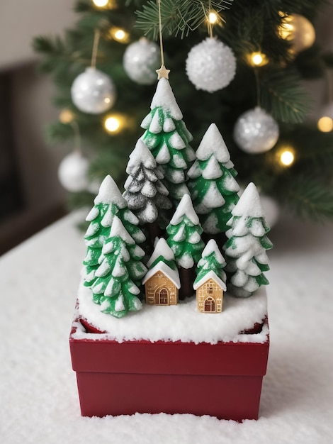 Cottage di pan di zenzero sullo sfondo di un vero albero di Natale