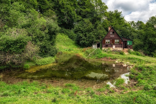 Cottage in legno Limba nella foresta delle montagne di Great Fatra con un bellissimo lago di fronte