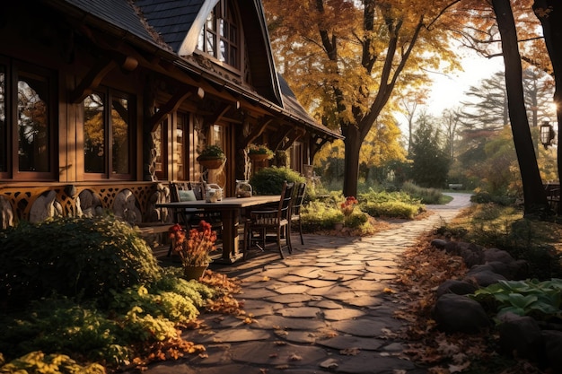 Cottage in stile scandinavo in autunno con fotografia professionale con luce pomeridiana