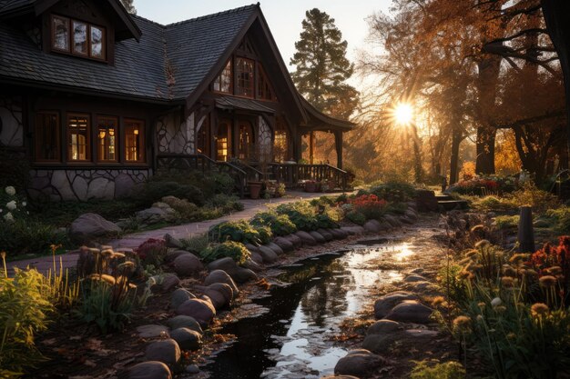 Cottage in stile scandinavo in autunno con fotografia professionale con luce pomeridiana