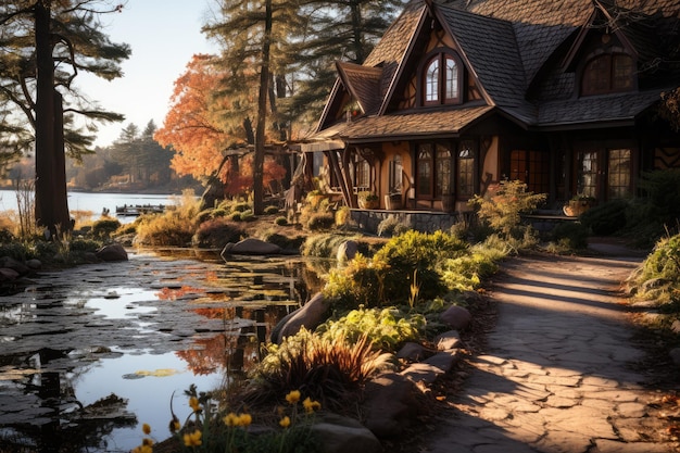 Cottage in stile scandinavo in autunno con fotografia professionale con luce pomeridiana