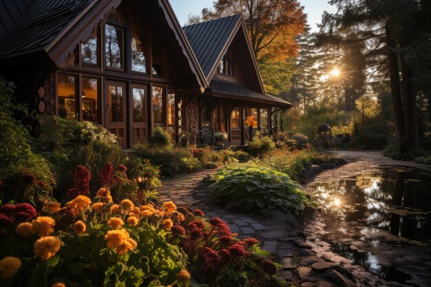 Cottage in stile scandinavo in autunno con fotografia professionale con luce pomeridiana