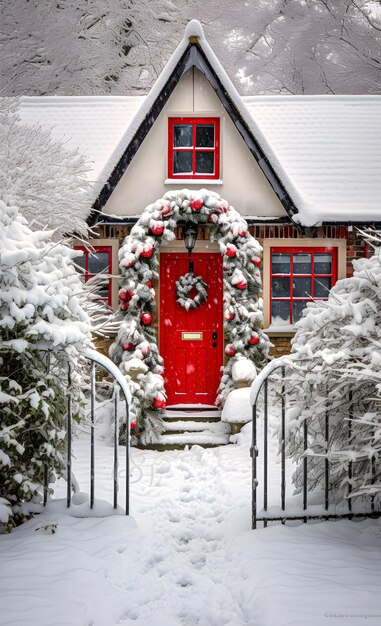 Cottage innevato con porta rossa e ghirlanda di Natale