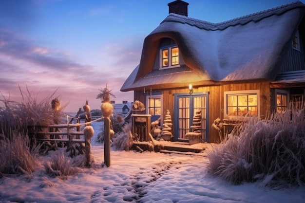 Cottage invernale con tetto di paglia vicino alla spiaggia decorato con luci decorazione natalizia generata dall'AI