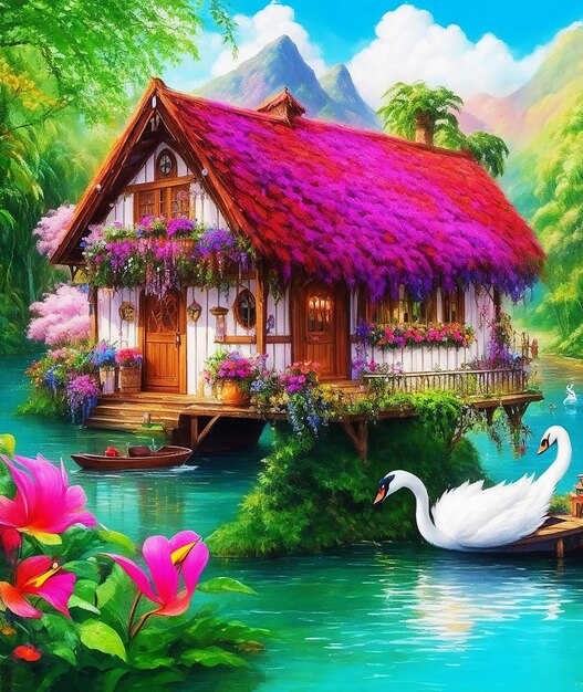 cottage misterioso paradiso fiori foresta pluviale barca dolce cigno vernice soffice su carta immagine acrilica HD