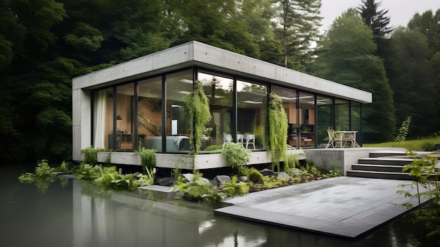 cottage moderno in cemento e vetro con piante verdi