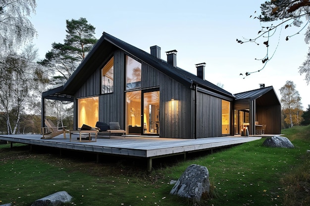 Cottage moderno in stile scandinavo con grandi finestre, terrazza, paesaggio, alberi, foresta sullo sfondo