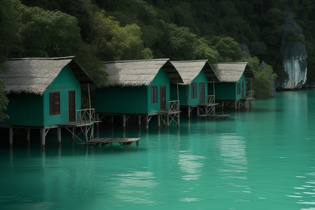 Cottage polinesiane in legno su palafitte situate in una tranquilla baia di un'isola generata dall'AI