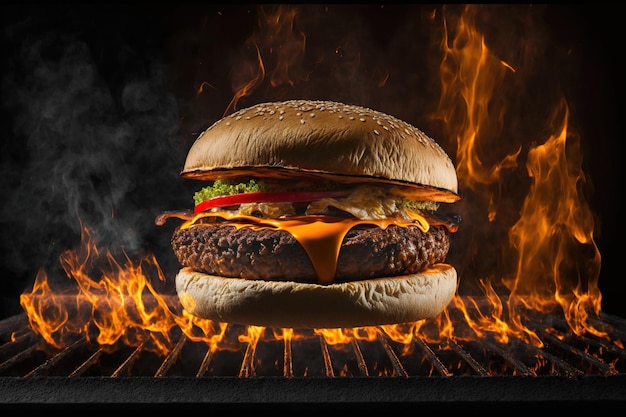Cottura degli hamburger su una griglia calda illuminata dalla fiamma
