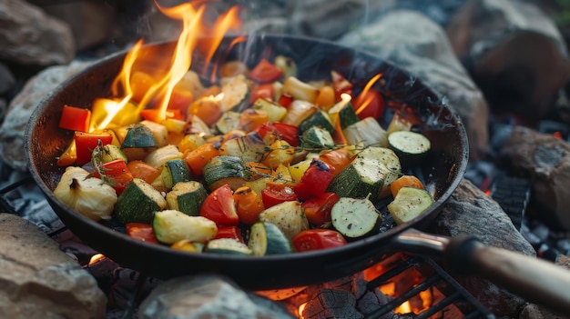 Cottura di verdure in una padella speciale per il fuoco Miscela di verdure arrostite al fuoco