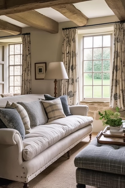 Country cottage lounge decor living room e Cotswolds stile interior design living room mobili divano e decorazione della casa in elegante inglese country house stile post-elaborato generativo ai