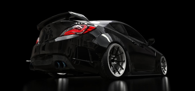 Coupé di auto sportiva nera su sfondo nero. rendering 3D.