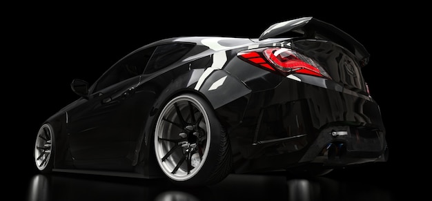 Coupé di auto sportiva nera su sfondo nero. rendering 3D.