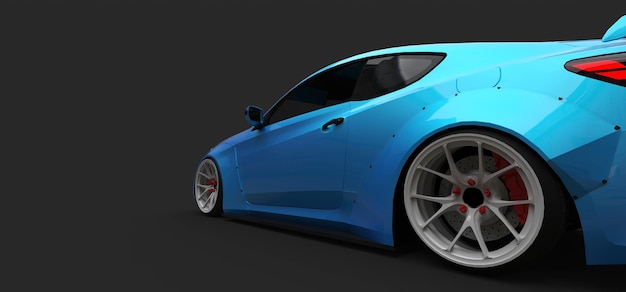 Coupé di auto sportiva piccola blu su sfondo grigio. rendering 3D.