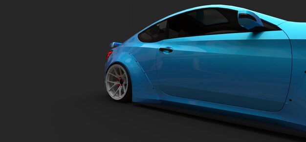 Coupé di piccola vettura sportiva blu su sfondo grigio. rendering 3D.