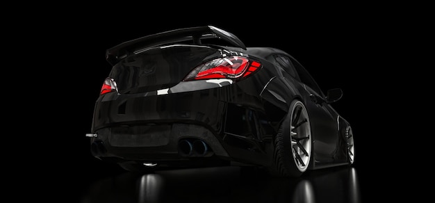 Coupé per auto sportiva nera su sfondo nero rendering 3d